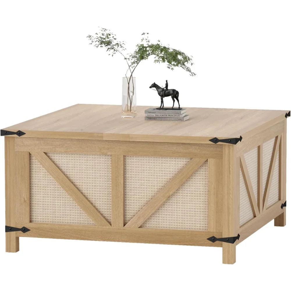 Lift Top Coffee Table Rattan Center Table Large Storage Farmhouse Style