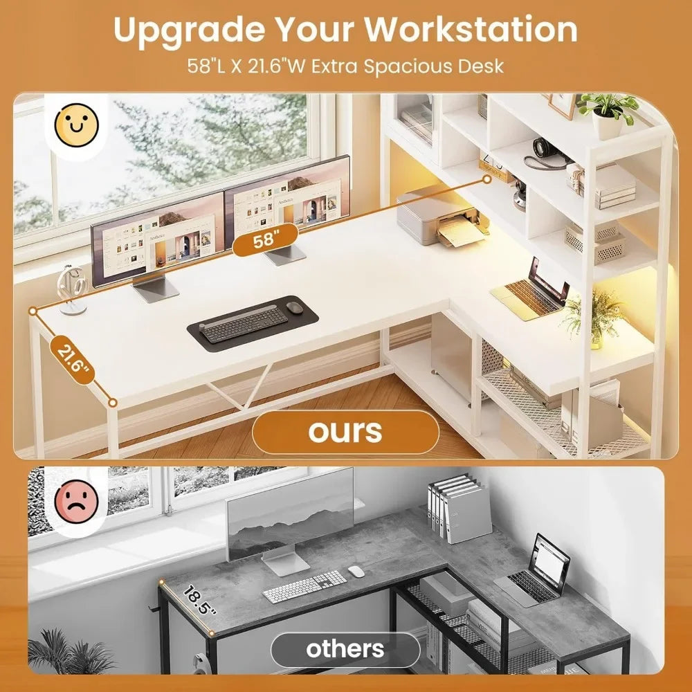 L Shaped Computer Desk with LED Light and Bookshelf for Home Office