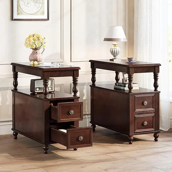 Solid Wood Nightstand 2 Drawers Mid-Century Modern Bedroom Table