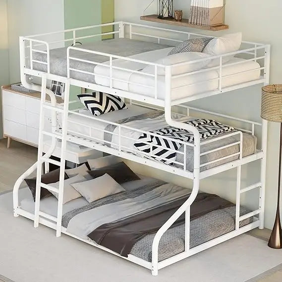 Triple Metal Bunk Bed Full XL Twin XL Queen Frame with Guardrails