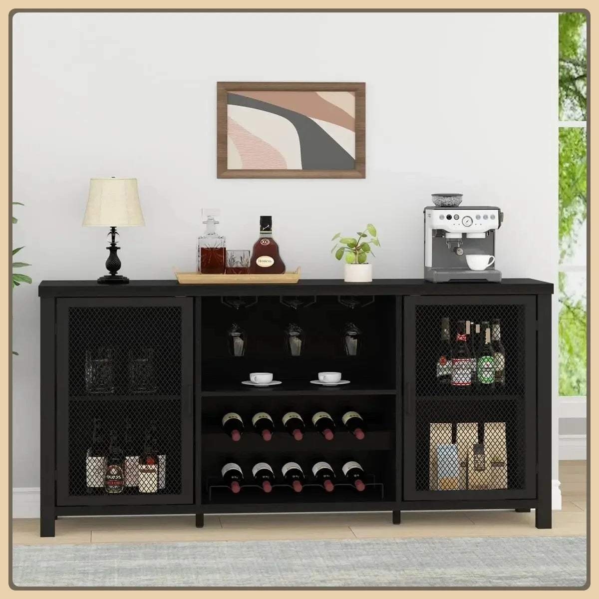 Black Wine Bar Cabinet Coffee Bar Buffet Storage Industrial Style