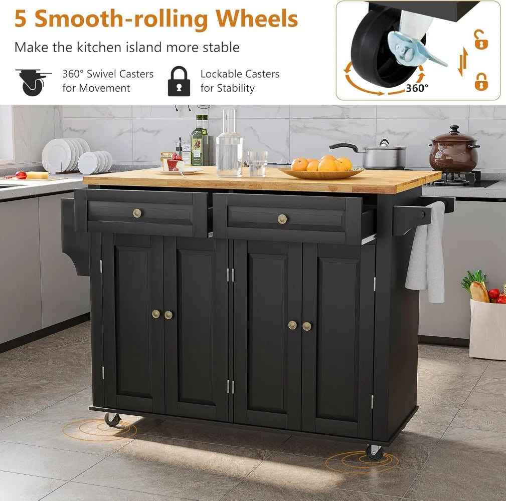 Kitchen Cart Wood Top Drop Leaf Rolling Kitchen Island Table on Wheels