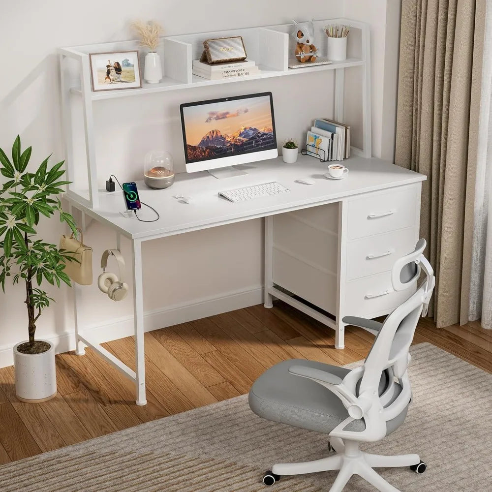 Modern White Computer Desk with Hutch Storage and Power Outlets