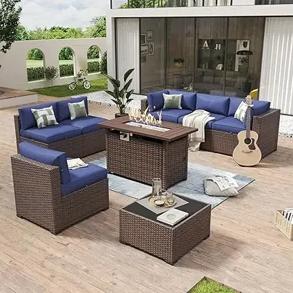 8-Piece Wicker Rattan Patio Furniture Set with Fire Pit Table and Cushions