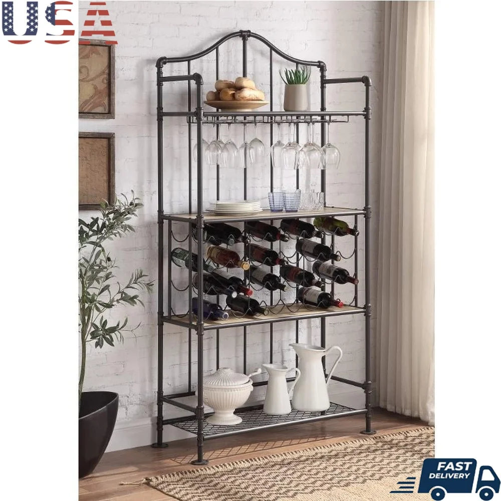 Industrial Wine Shelf Freestanding Storage Rack 4 Tier Adjustable MDF Metal