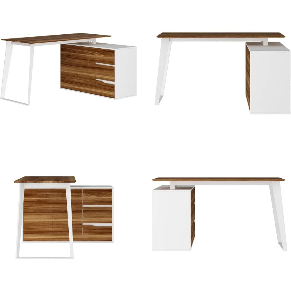 L-Shaped Home Office Desk with Storage 3 Drawers 2 Shelves Modern Design