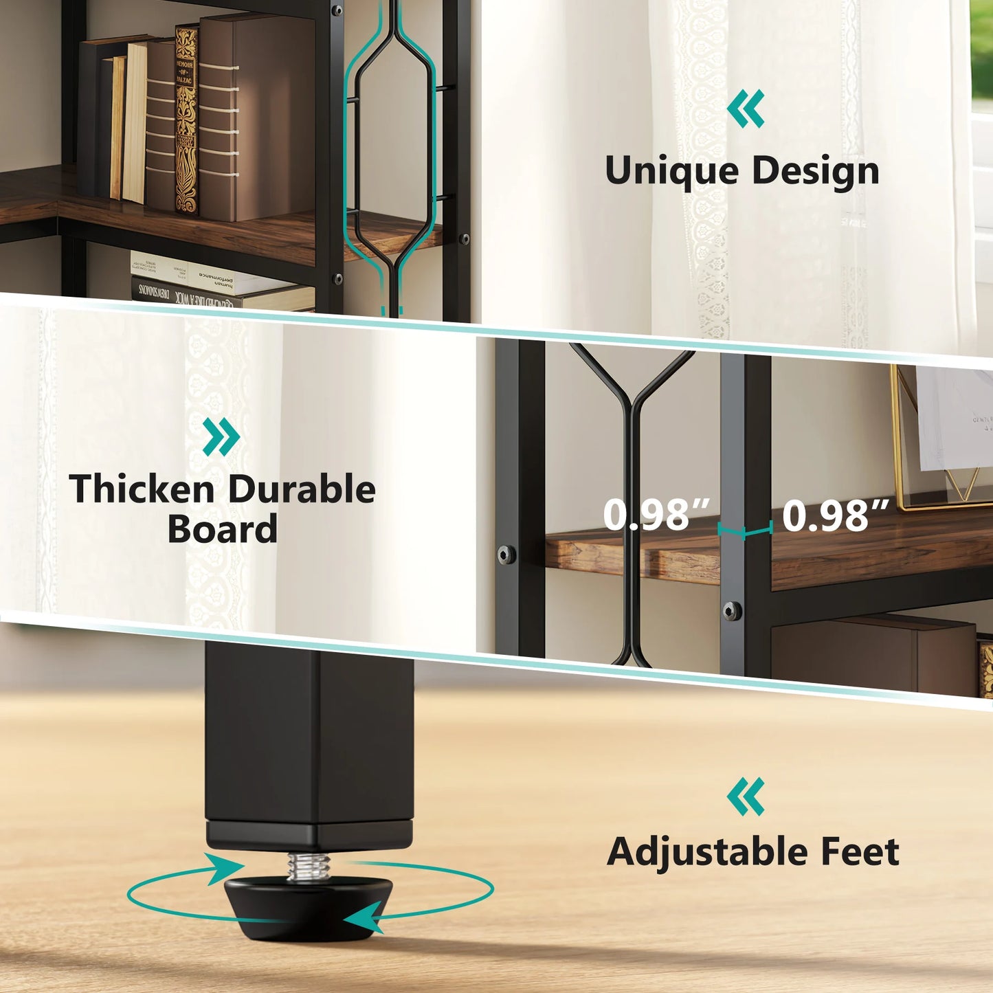 Ljustra 7-Tier Industrial Corner Shelf Wood Metal Bookcase Display Unit