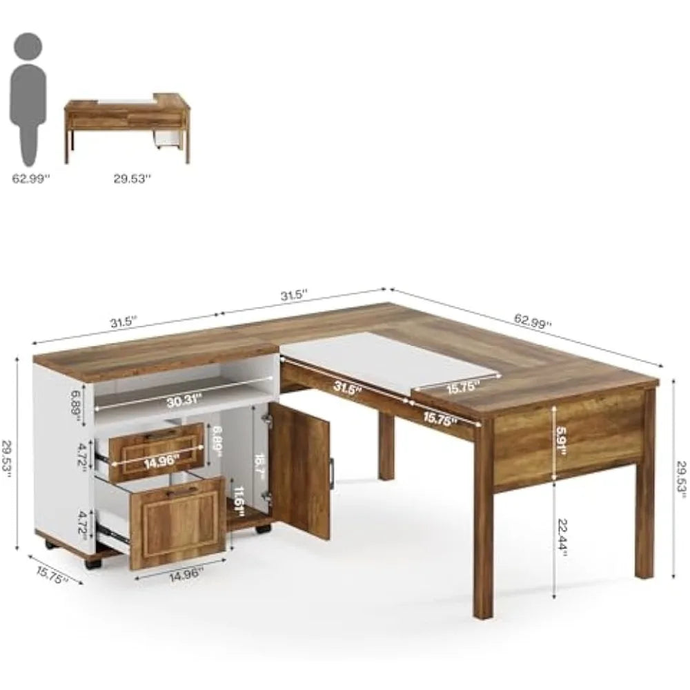L-Shaped Executive Desk with File Cabinet Home Office Computer Desk