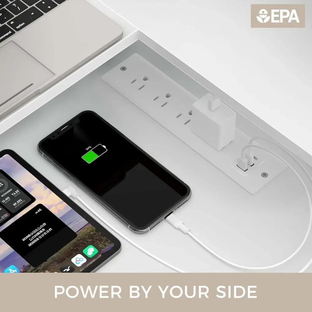 L Shaped Computer Desk with File Drawer Power Outlet LED Strip 64 Inch