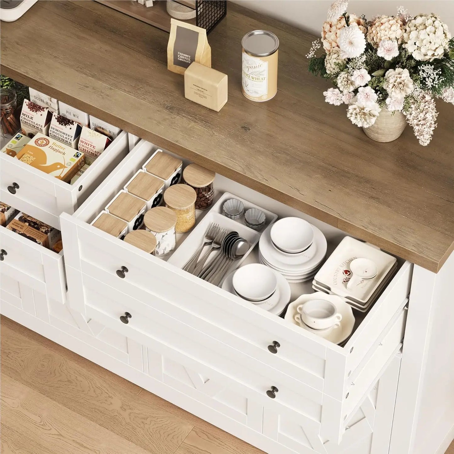 55 Inch Coffee Bar Buffet Cabinet with Storage and Large Drawers