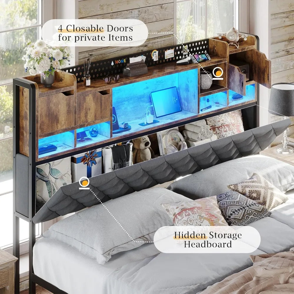 King Size Bed Frame with Storage Headboard LED Lighting Charging Station