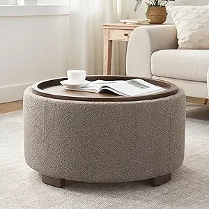 30 Inch Round Storage Ottoman Coffee Table Modern Boucle Lift-Off Lid