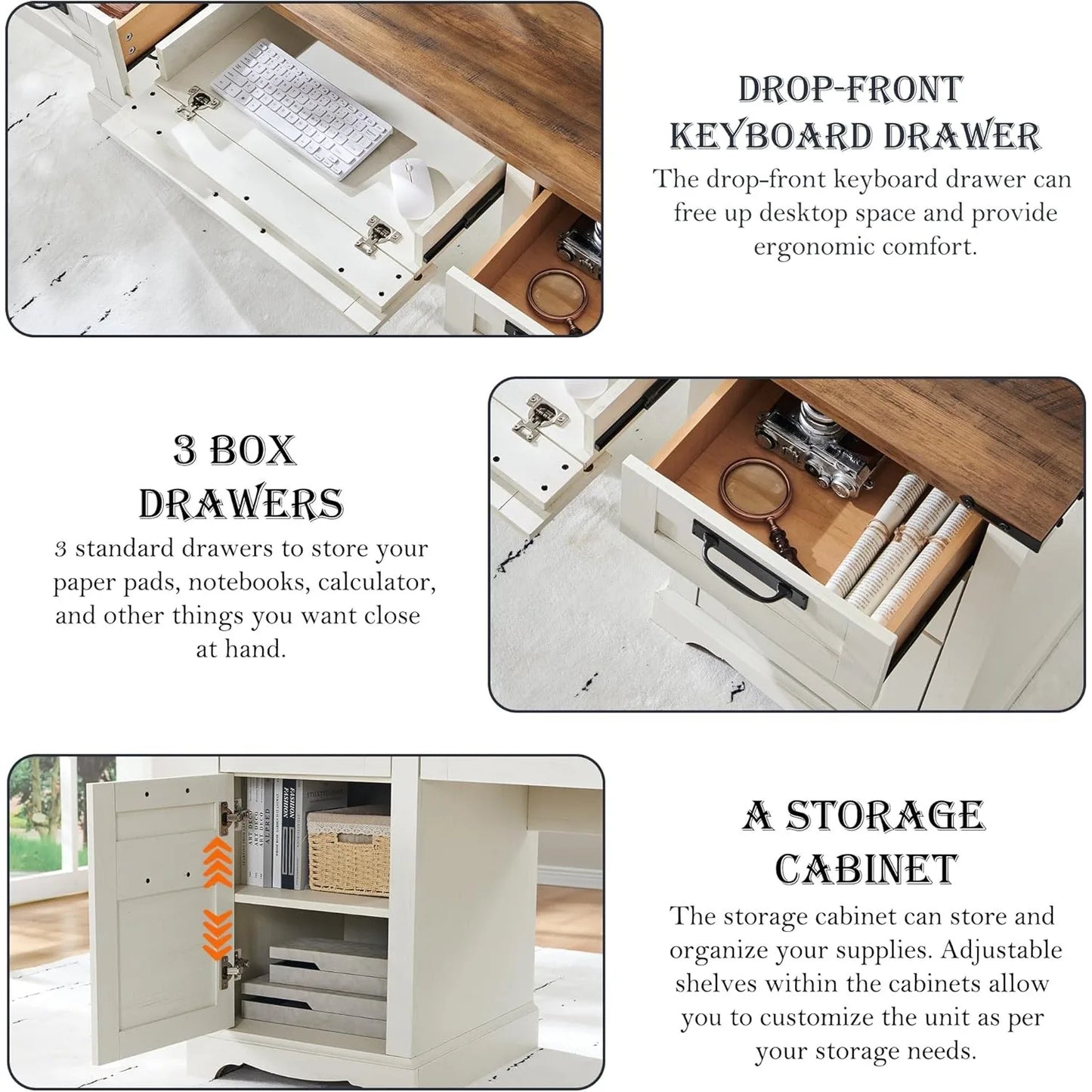 60 Inch Farmhouse Executive Desk with Drawers Charging Station