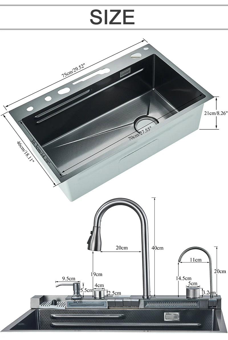 Large Stainless Steel Kitchen Sink with Waterfall Faucet and Display