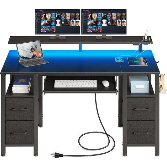 Computer Desk with LED Lights and Power Outlets for Home Office