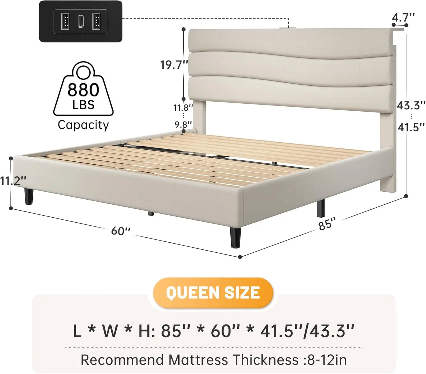 Queen Bed Frame Upholstered Headboard Storage Charging Station Easy Assembly