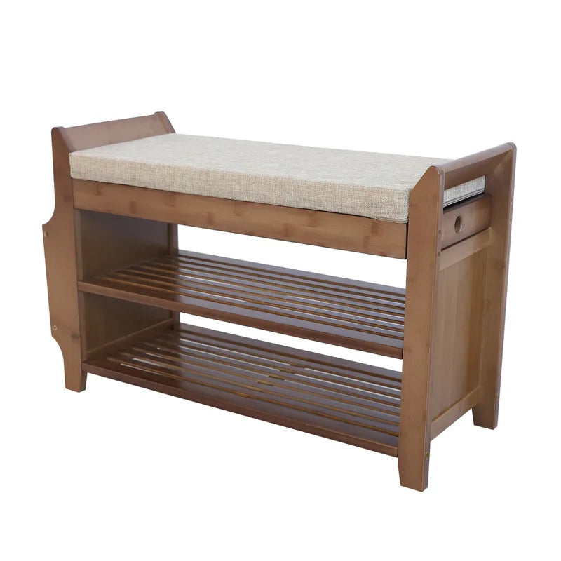 2-Tier Bamboo Shoe Bench with Removable Cushion Storage Organizer