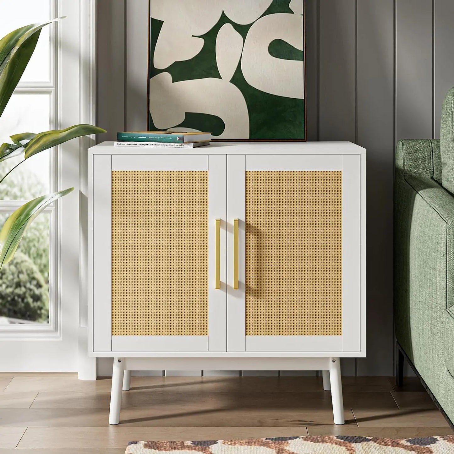 Sideboard Buffet Cabinet Set of 2 Rattan Storage for Kitchen Hallway