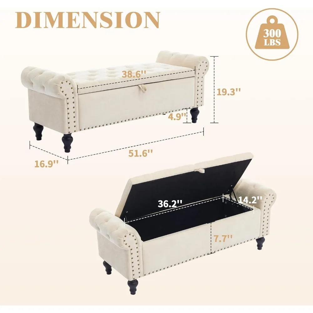 51 Inch Bedroom Storage Bench Ottoman with Storage Chenille Upholstered