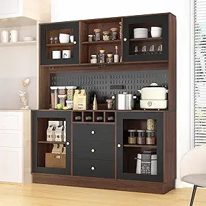 Kitchen Hutch Cabinet Freestanding Buffet with Pegboard Cup Holder Outlet