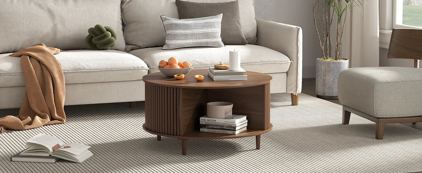 Round Coffee Table with Storage Mid Century Modern Fluted Design