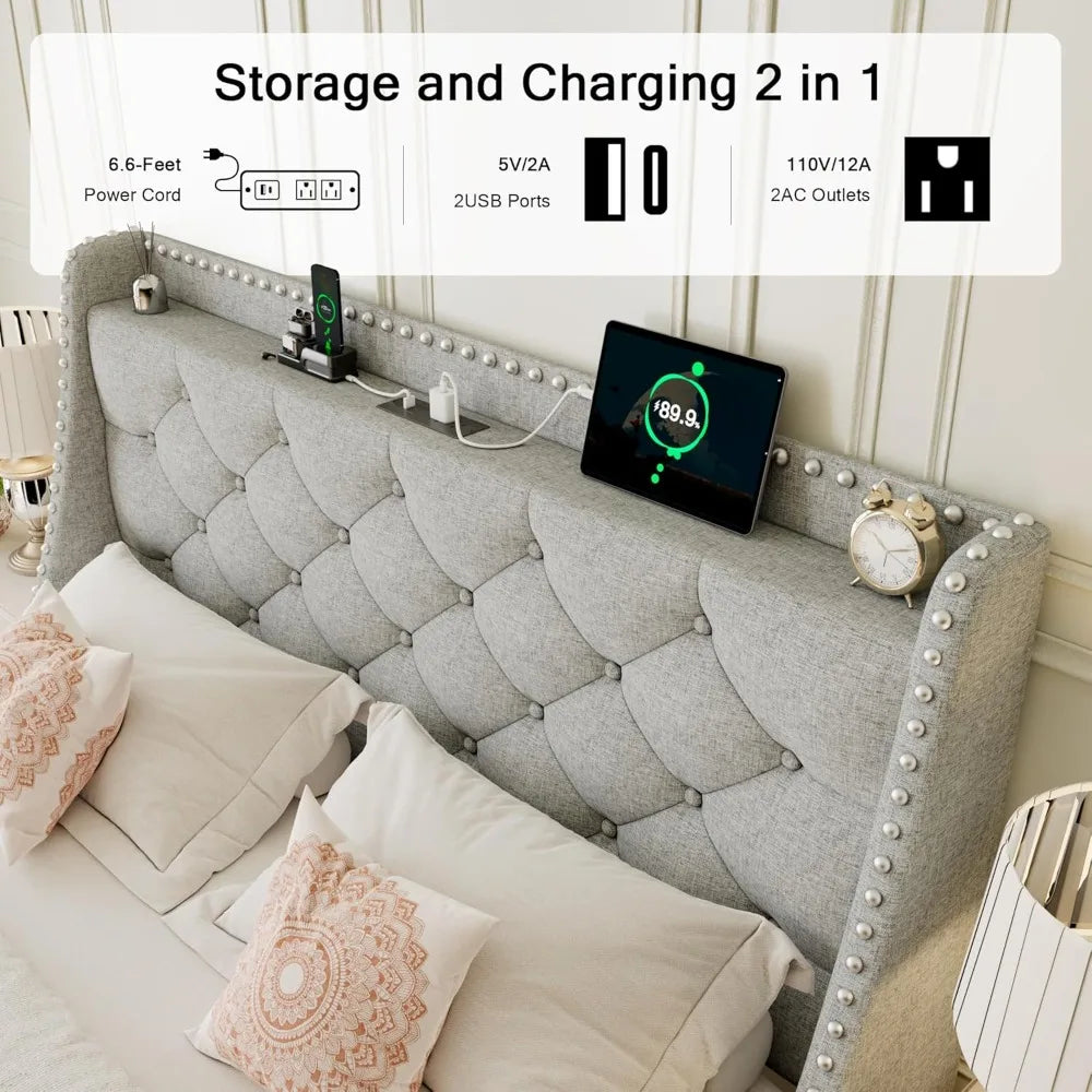 Full Size Bed Frame Wingback Tufted Storage Headboard with AC Ports