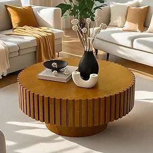 Round Fluted Coffee Table Modern Handcrafted Drum Table Low Profile
