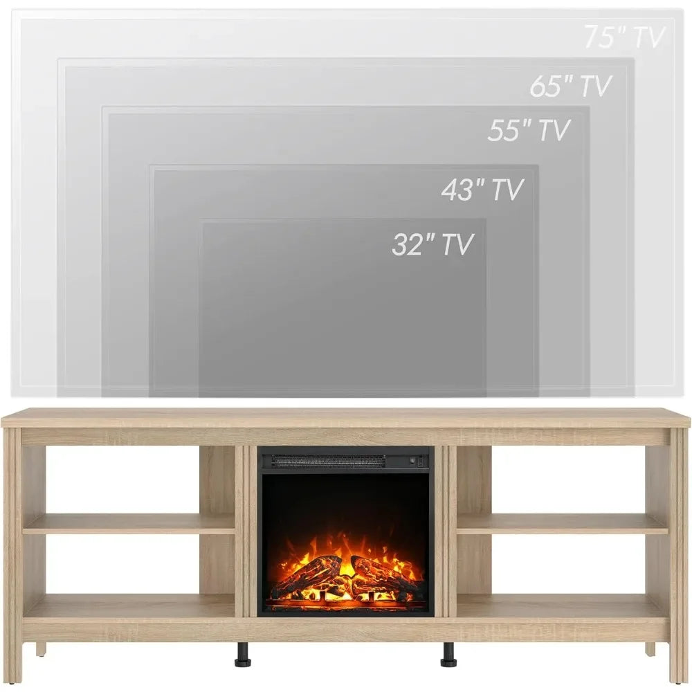 Electric Fireplace TV Stand for 75 Inch TV Modern Oak Console