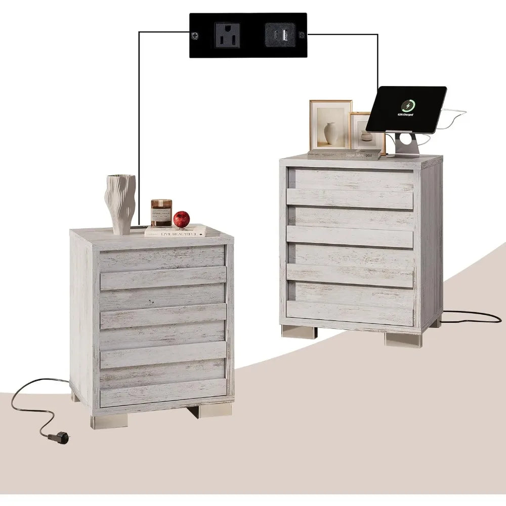 Nightstand Set of 2 with Charging Station Farmhouse Side Table