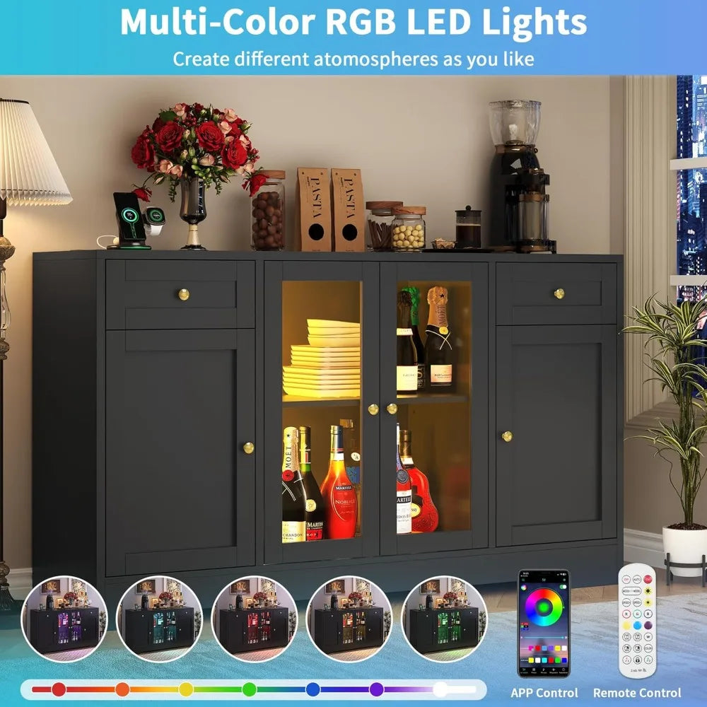 55 Inch Large LED Buffet Cabinet with Adjustable Shelves Charging Station