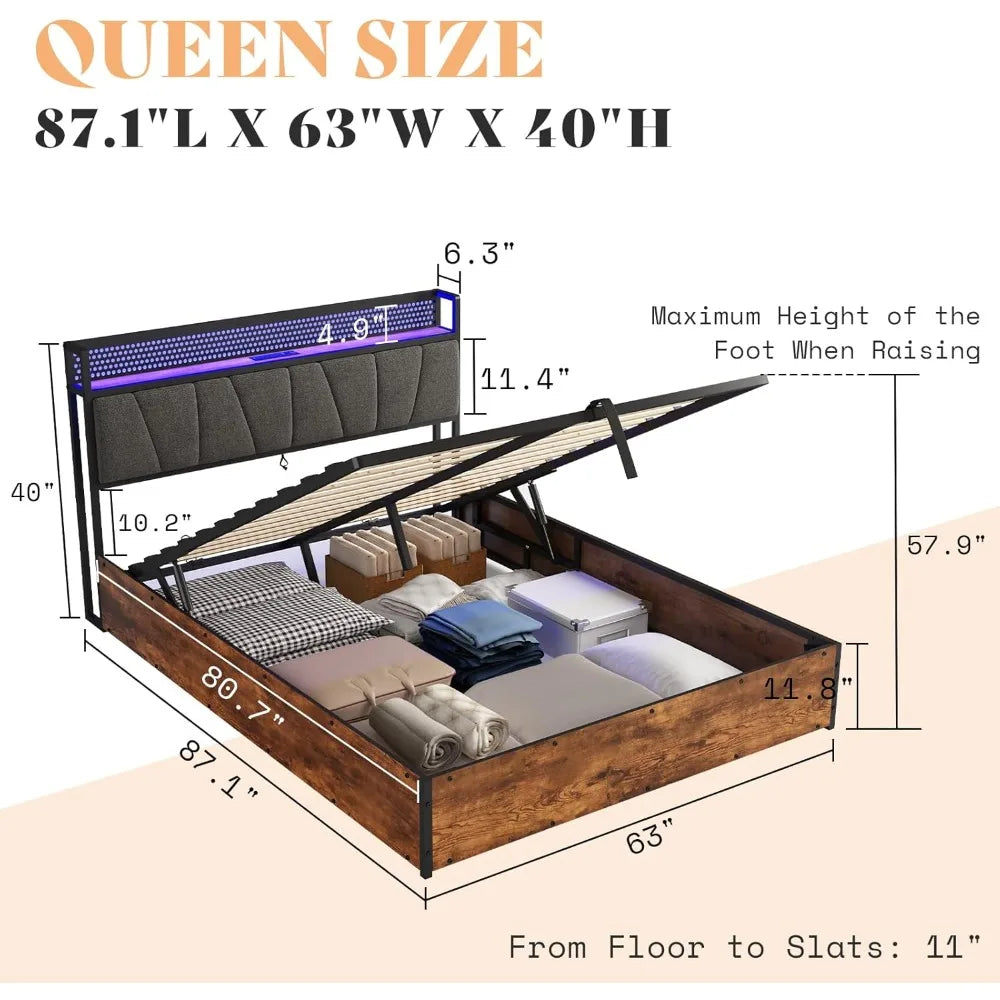 Ljustra Queen Size Lift Up Bed Frame with LED Light Storage Headboard
