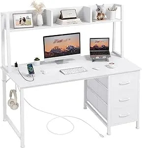 Modern White Computer Desk with Hutch Storage and Power Outlets