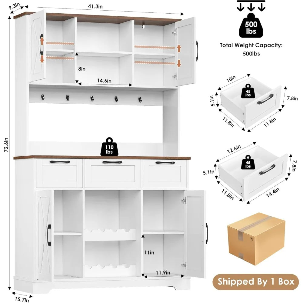 72 Inch Large Kitchen Pantry Storage Cabinet with Barn Doors and Drawers