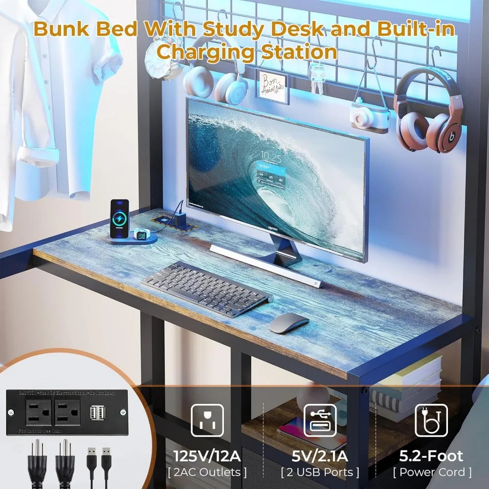 Ljustra Twin Over Twin Metal Bunk Bed with Desk LED Lights and Storage