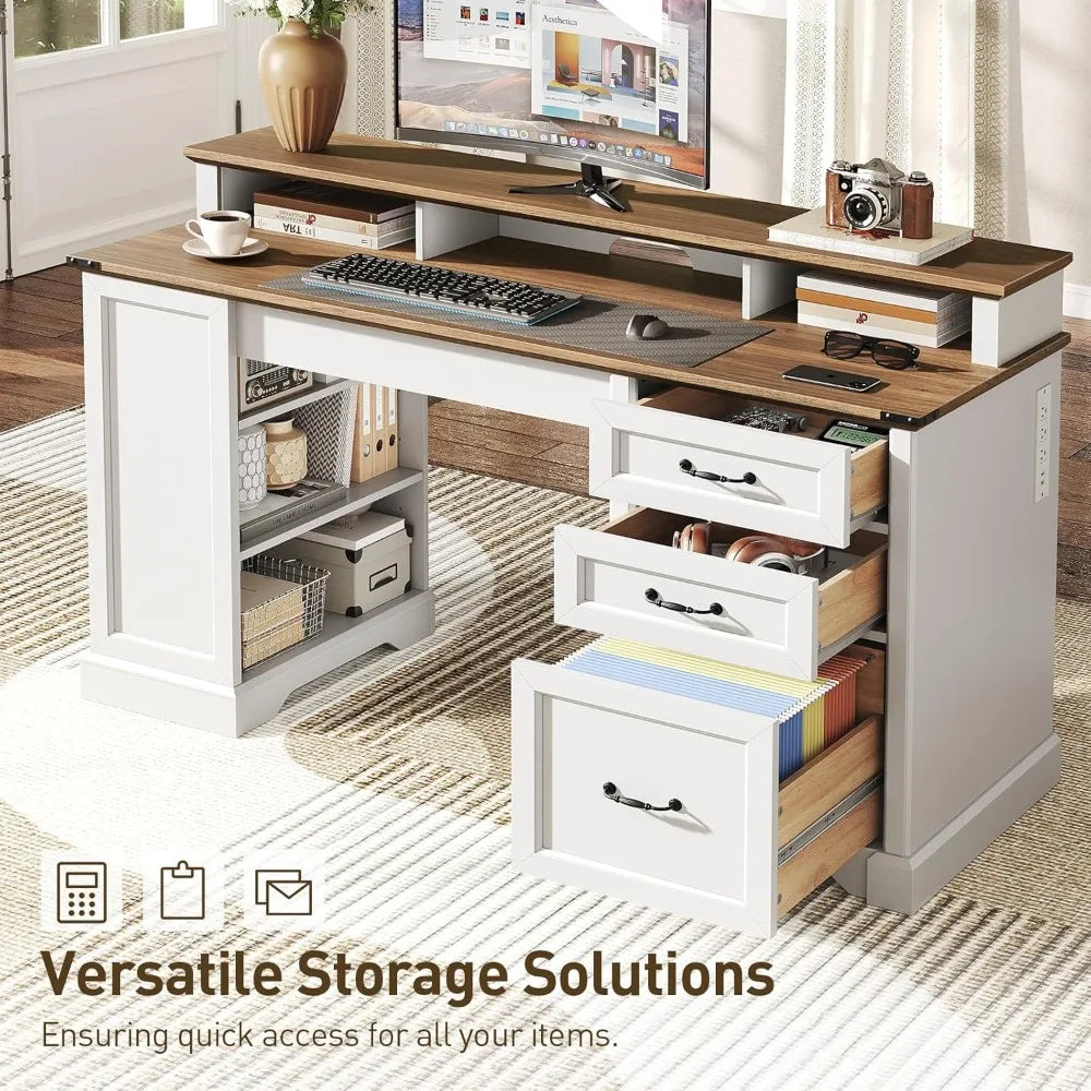 55 Inch Farmhouse Executive Desk with Drawers and Monitor Stand