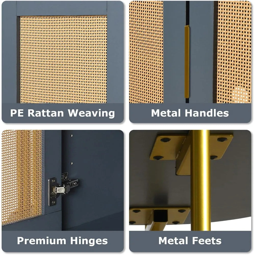 Rattan Sideboard Solid Wood Storage Buffet Console Cabinet Living Room