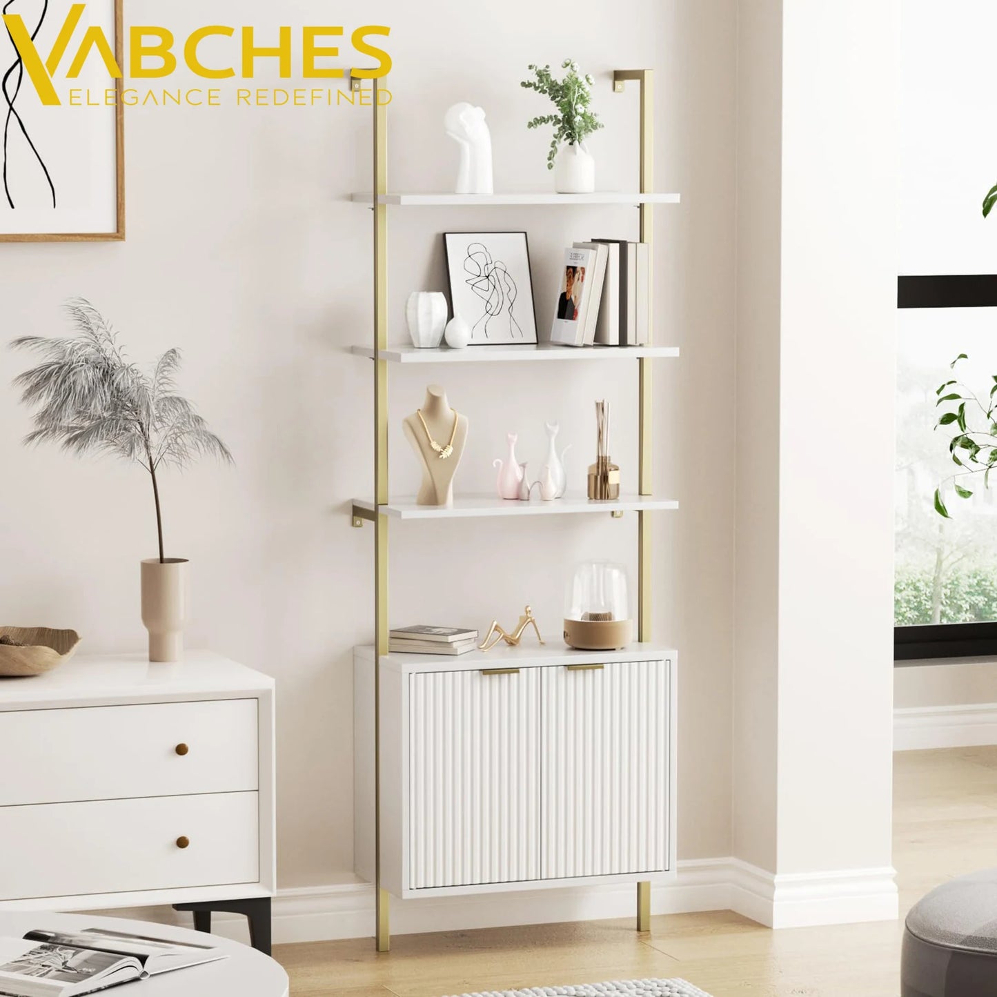 Ladder Bookshelf Storage Cabinet 71'' Tall Wall Mount Bookcase Metal Frame