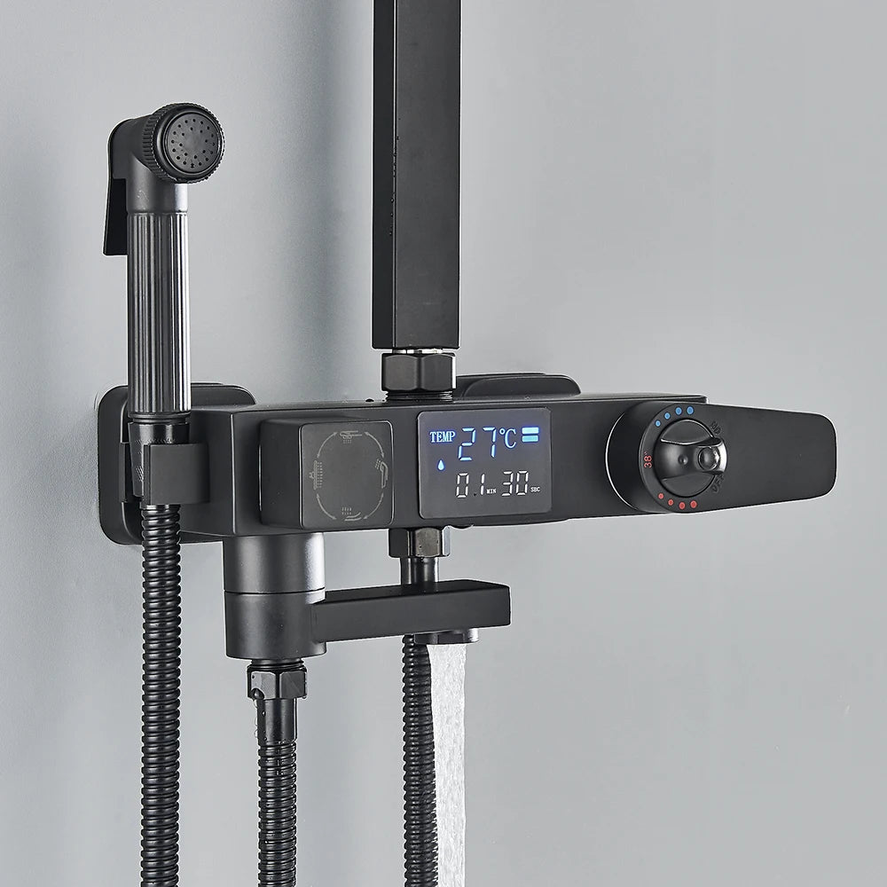 Black Digital Display Thermostatic Shower Faucet Rainfall Mixer Tap