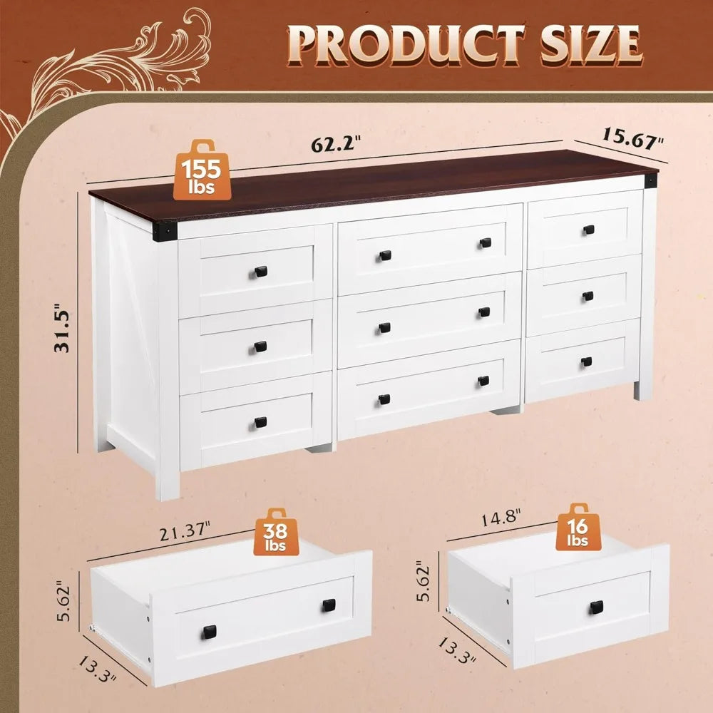 Farmhouse 9 Drawer Dresser Storage Organizer for Bedroom and TV Stand