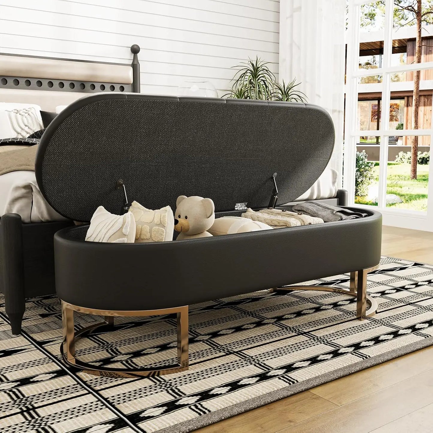 Ljustra 50 Inch Ottoman Storage Bench Upholstered Leather Living Room