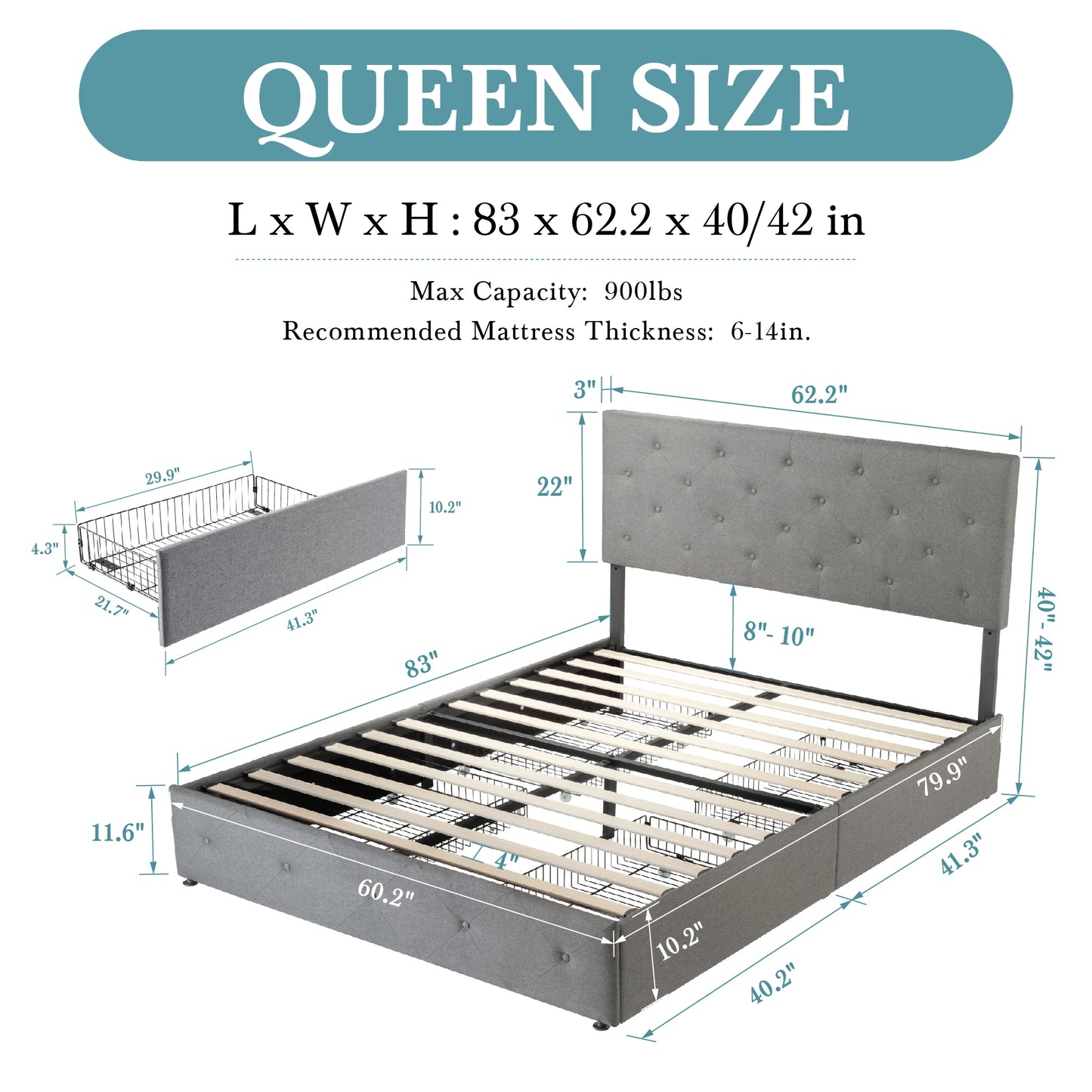 Ljustra Platform Storage Bed Frame 4 Drawers Adjustable Headboard Modern