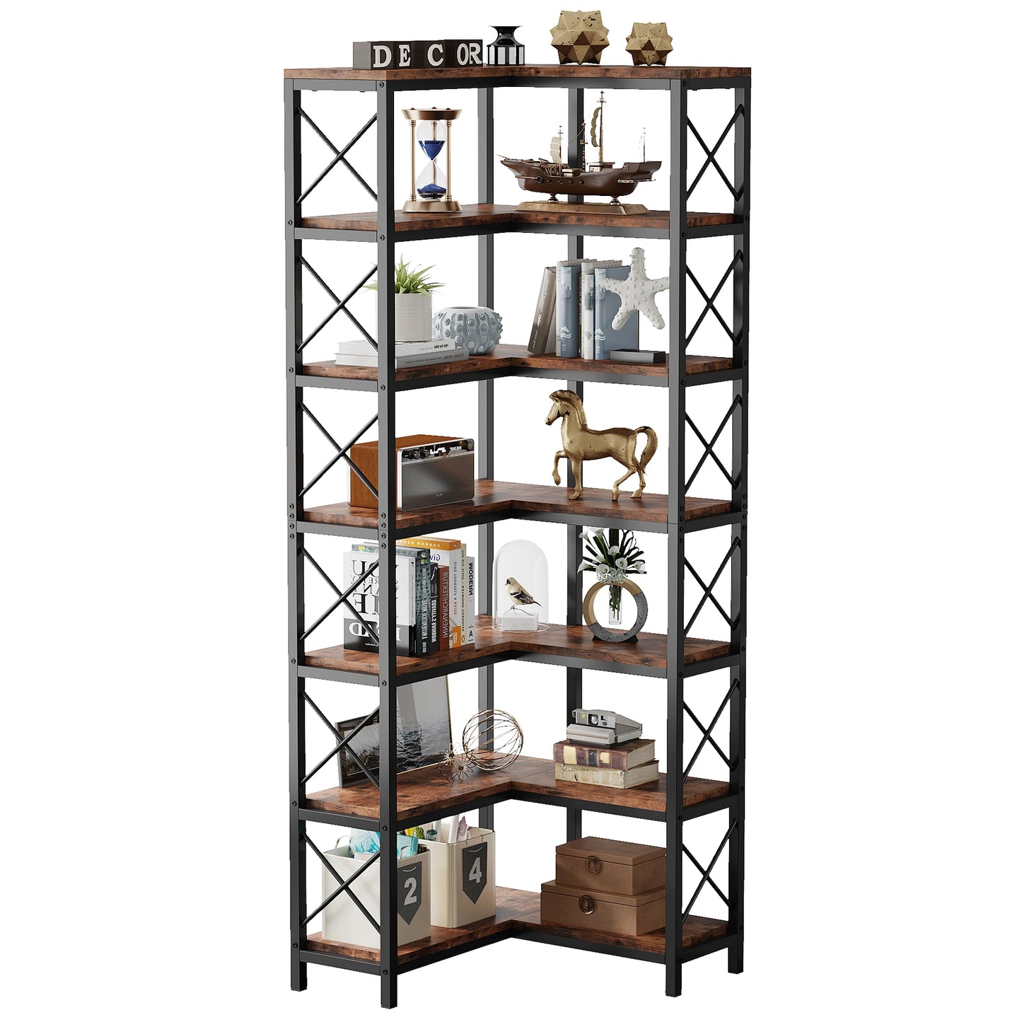 Ljustra 7-Shelf Corner Bookshelf Modern Corner Bookcase Storage Rack