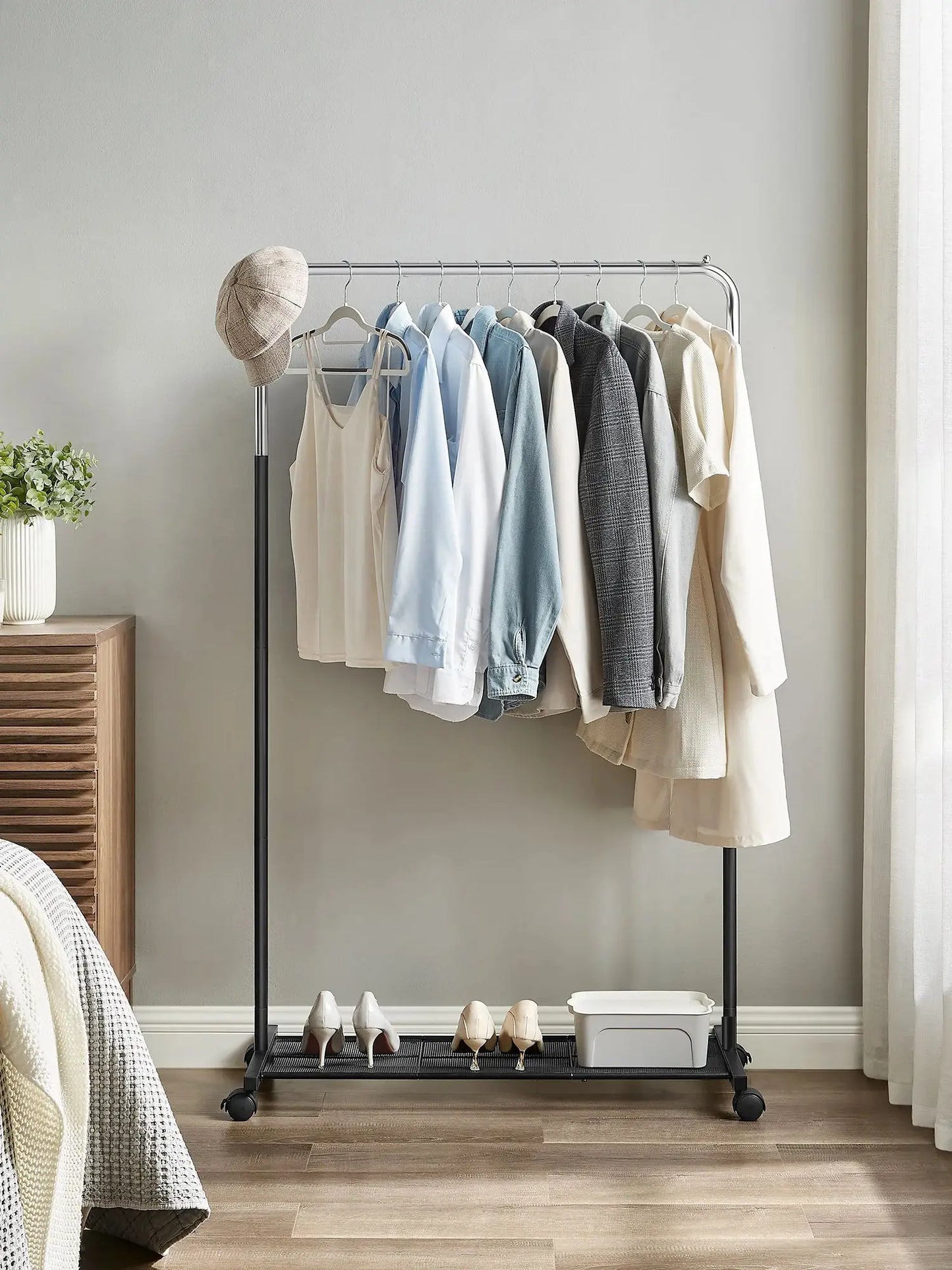 Ljustra Modern Metal Clothes Rack with Wheels and Storage Shelf