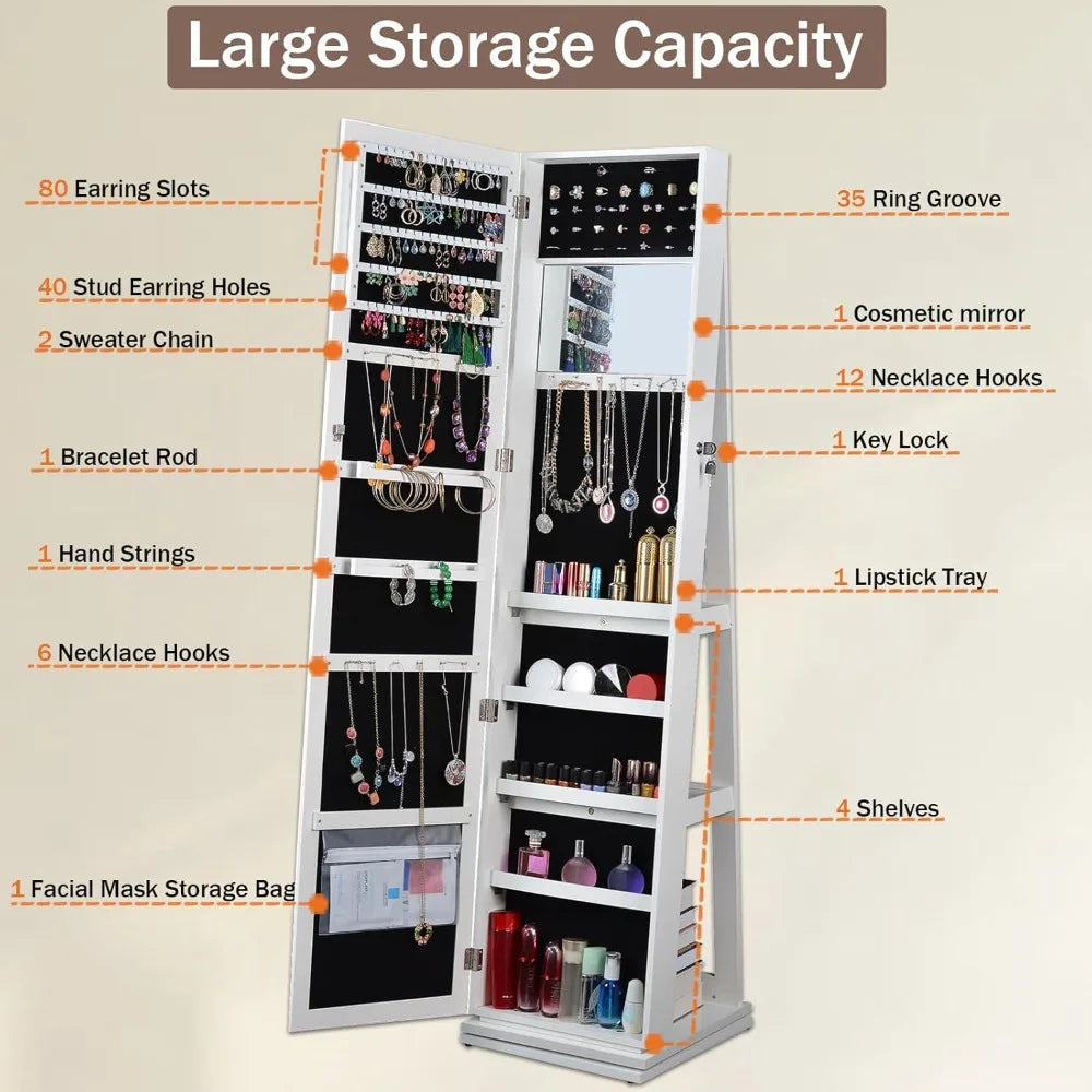 65 Inch Full Length Mirror Jewelry Cabinet 360 Swivel Lockable Organizer