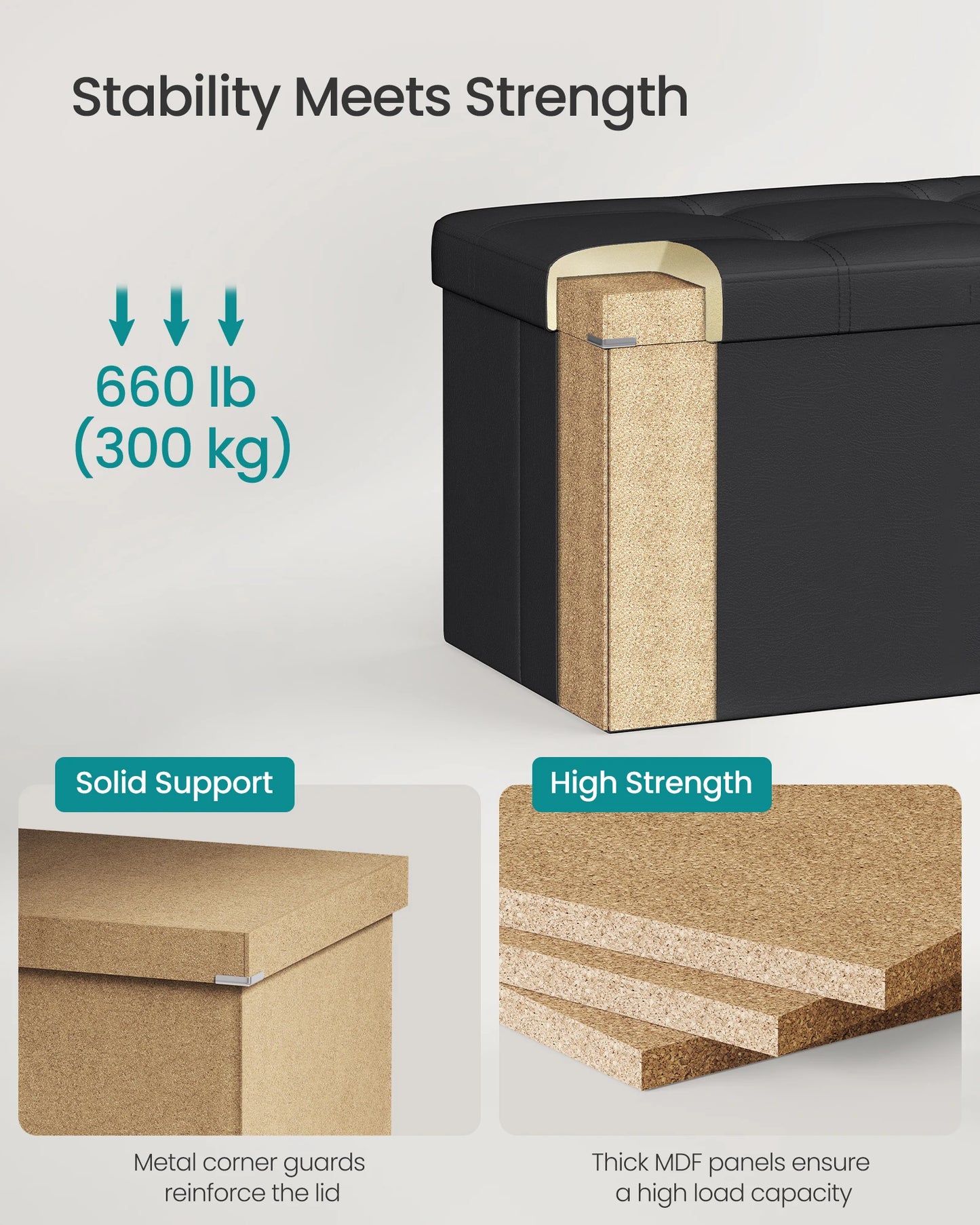 Ljustra 43 Inch Folding Storage Ottoman Bench Coffee Table Faux Leather