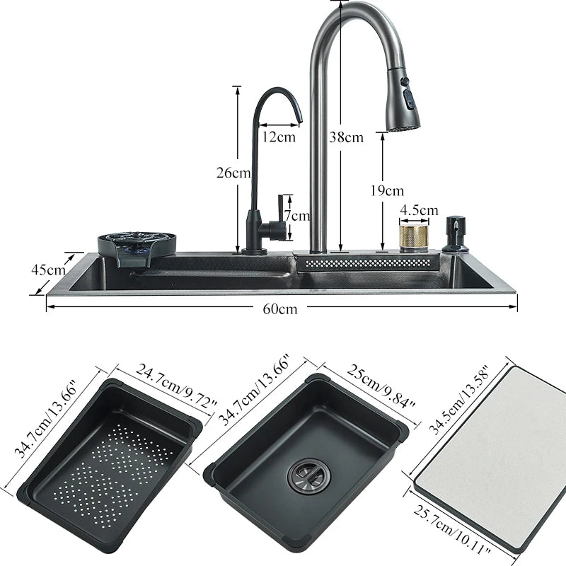 Ljustra Stainless Steel Waterfall Kitchen Sink Integrated Faucet Dispenser