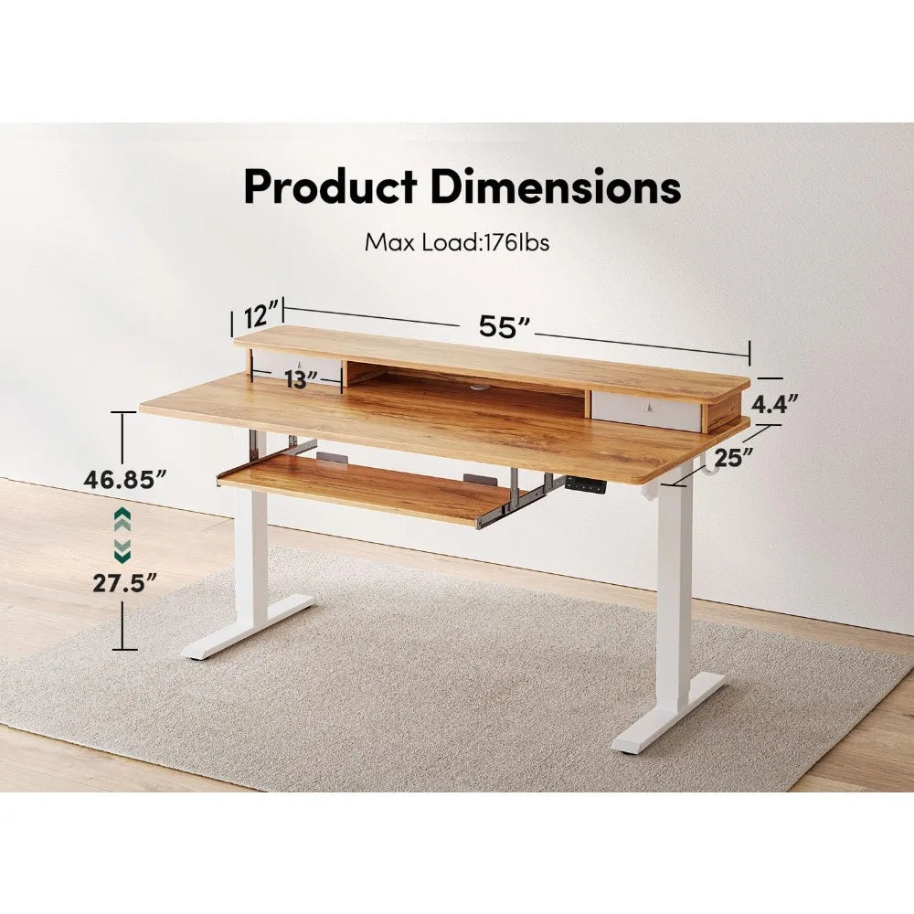 Adjustable Standing Desk with Drawers Keyboard Tray Storage Shelf