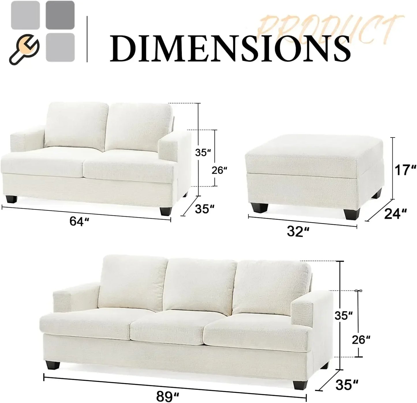 Chenille Beige Sofa Set w/ Storage Ottoman – 3-Seater & Loveseat, Comfy Couch for Living Room