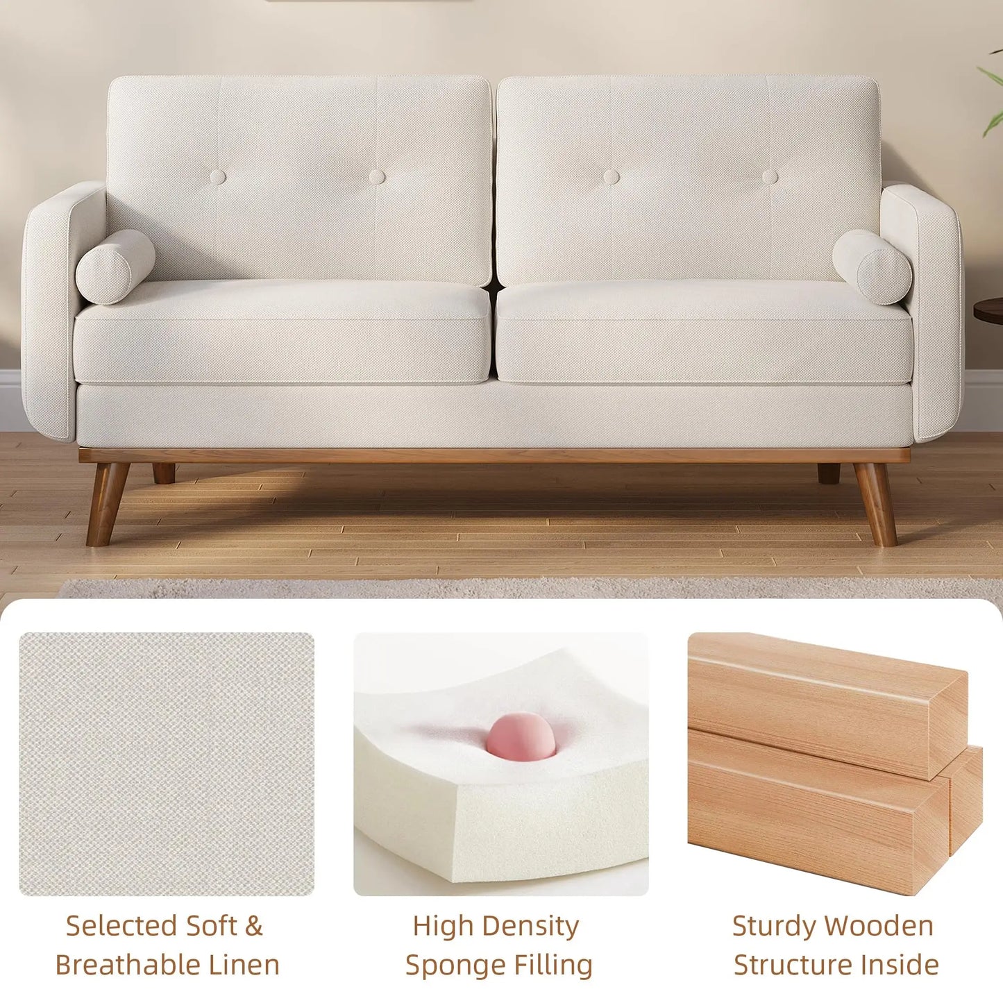 Ljustra 65 Inch Mid Century Modern Loveseat Sofa Couch Linen Upholstery