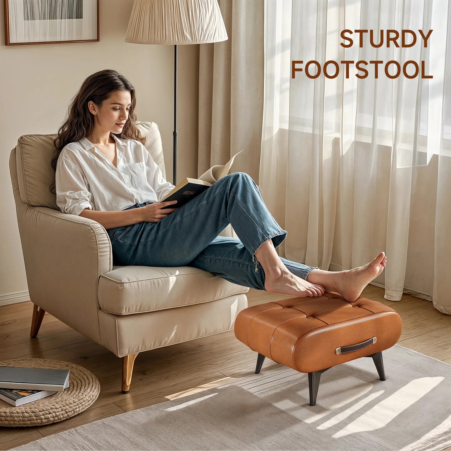 Vintage Waxed Leather Entryway Bench Luxury Ottoman Multifunctional Stool